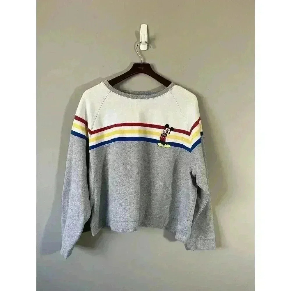 Women’s Disney Mickey Mouse Sweatshirt Gray & White W/Multi Colored Stripes 2XL